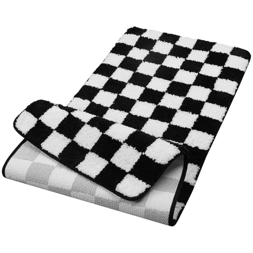 Uphome Bathroom Runner Rug, Black and White Checkered Long Machine Washable Bath Mat Non Slip, 18x47 Water Absorbent Soft Microfiber Bath Rug for Tub, Shower, Floor - size: 18x47 inch