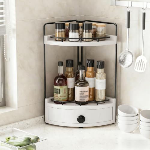 2-Tier Corner Bathroom Counter Organizer with Drawer & Embedded Screw Holes - Wooden Countertop Organizers for Skincare, Makeup Storage, Bathroom Sink Counter Shelf for Vanity, White - color: White