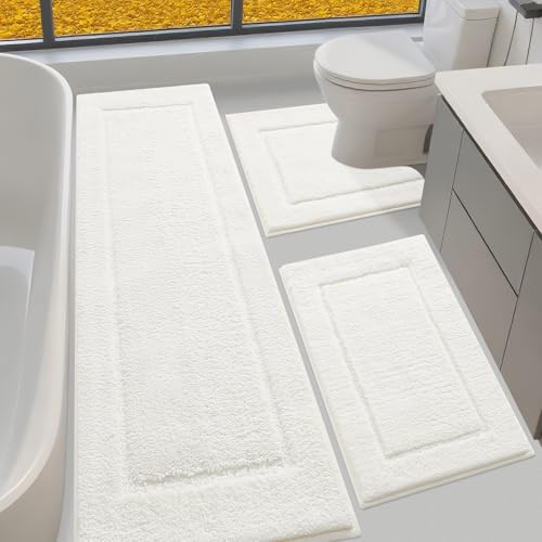 IM HOME Bathroom Rugs Sets 3 Piece Cream White, Ultra Soft Thick Plush Fluffy Microfiber Absorbent Bath Mat, Non-Slip Backing, Machine Washable Bath Mats for Bathroom Floor, Tub, Toilet and Shower - color: Cream White, size: 24"x17"+48"x20"+U Shape 24"x20