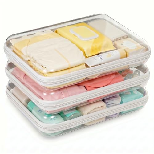 3 Pack Large Clear Hard Shell Zipper Case, Diaper Bag Organizer Pouches, Water-Resistant Travel Toiletry Bags for Baby Essentials, Toys, Cables, Crafts, Makeup, White - size: L3