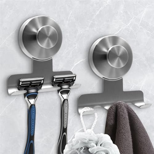 Suction Cup Razor Holder for Shower,Heavy-Duty 7KG Suction Hooks for Razor,Towel,Loofah,Removable Damage-Free Metal Shower Hook,Shaver Holder,2 Pack(Brushed Silver) - color: Brushed Silver