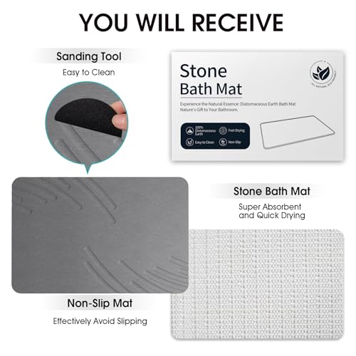 ZIKIBL Stone Bath Mat Diatomaceous Earth Shower Mat Non-Slip Super Absorbent Diatomite Stone Mats for Bathroom Floor/Ktichen Cuonter Quick-Drying Easy to Clean (24''*16'' Grey-Feather) - color: Grey-feather