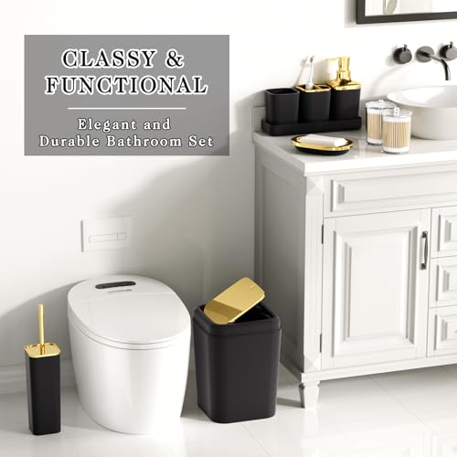 XLHOMO Bathroom Accessories Set - Luxury Black Bathroom Set, 9 Pieces Bathroom Accessory Set, Black Bathroom Accessories with Trash Can, Toilet Brush & Soap Dispenser - color: Black & Gold, size: Bathroom Set