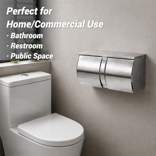 Double Roll Toilet Paper Holder Commercial Toilet Paper Dispenser | Brushed Stainless Steel, Side-By-Side 2-Roll Holder with Shelf Wall Mount, Fits Standard Toilet Rolls Up to 4.72 in Diameter