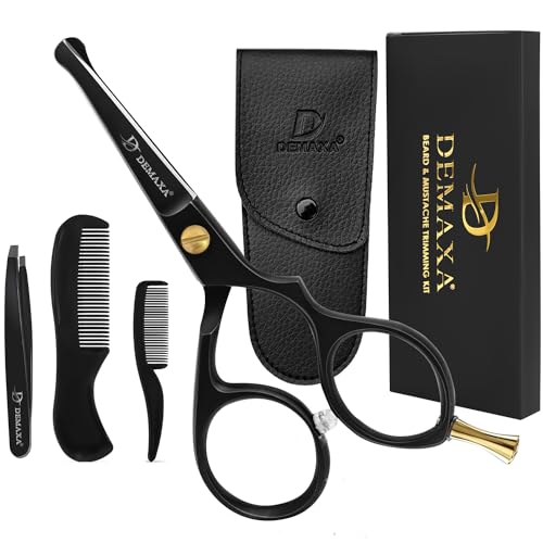 Premium 4.2 Blunt Tip Professional Mustache Scissors Beard Scissors for Men with Slanted Tweezers 1 Mustache Comb 1 Beard Comb & Pouch – Beard Trimming kit & Mustache Kit - color: 4.2" Blunt Tip Black With Tweezer