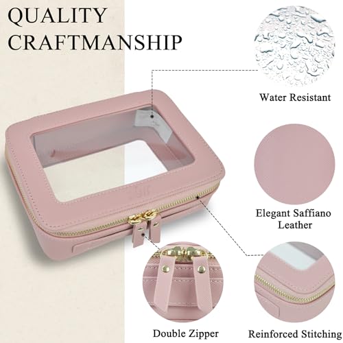 NGIL Clear Faux Leather Travel Toiletry Bag, Makeup Bag Organizer for Women, Clear Window & Gold Zipper Makeup Bag, Road Trip Essential, Skincare, Cruise Ship Essentials (Pink) - color: Pink