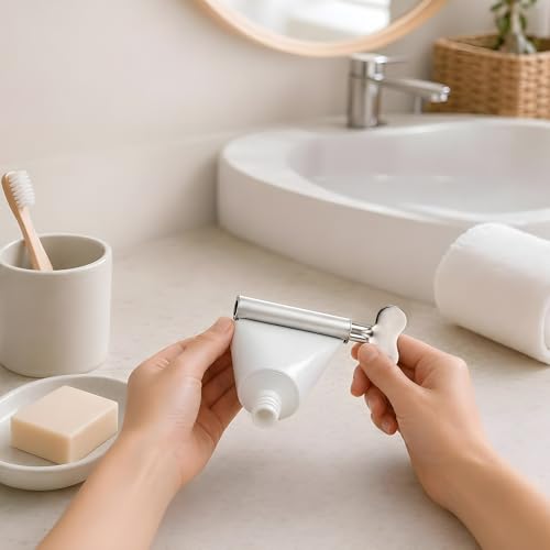 2-in-1 Stainless Steel Toothpaste Squeezer Set, Metal Tube Key & Spatula Scraper, Reusable Tube Wringer Roller Dispenser Tool for Toothpaste, Ointment, Cream, Paint, Cosmetic (2 Pack, Silver)