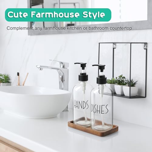 ALELION Glass Soap Dispenser with Pump - 16 OZ Clear Dish and Hand Soap Dispenser Set with Acacia Wood Tray for Kitchen Bathroom - Modern Liquid Pump Bottles - color: Clear