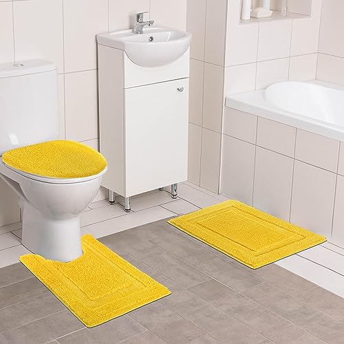 SHACOS 3 Piece Bath Rugs Set with Toilet Lid Cover Soft Absorbent | 16"x24" Small Bath Mats U Shape Contour Rug Toilet Cover Set Non Slip Machine Washable Plush Bathroom Rug(Yellow) - color: Yellow, size: 16"x24"+U-Shape 20"x24"+Lid Cover 19"x21"