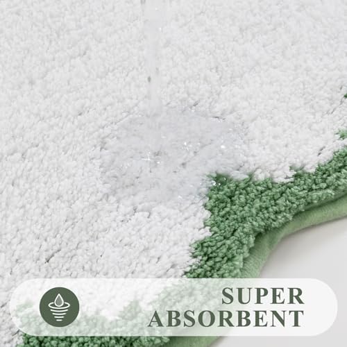 Pauwer Bathroom Rug Sets 3 Piece, Scalloped Bath Rugs, White and Green | Non Slip Washable Bath Mat With U-Shaped Toilet Rug, Extra Absorbent Quick Dry, For Floor Sink - color: White and Green