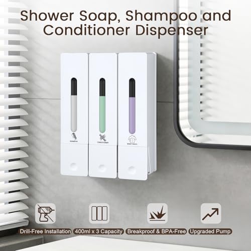 3 Chamber Shampoo and Conditioner Dispenser, No Drill - Wall Mounted Shower Soap Dispenser, Refillable Body Wash Dispenser Set 3, 1200ML Capacity, for Bathroom & Hotel, White - color: White Set of 3