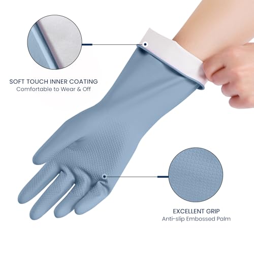 Rubber Cleaning Gloves for Dishwashing, 4 Pairs Reusable Kitchen Gloves for Washing Dishes and Household Cleaning, Blue Dish Gloves with Flocked Lining and Non-Slip Grip, Pefect for Woman Men - M - color: Blue, size: Medium