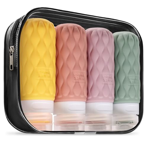 Silicone Travel Bottles for Toiletries 8 Pack Travel Size Toiletries 3.4 oz 1.7 oz, Leakproof Squeeze Travel Size Containers Refillable Cosmetic Jars Set for Shampoo, Conditioner, Creams - color: Pink-3.4oz