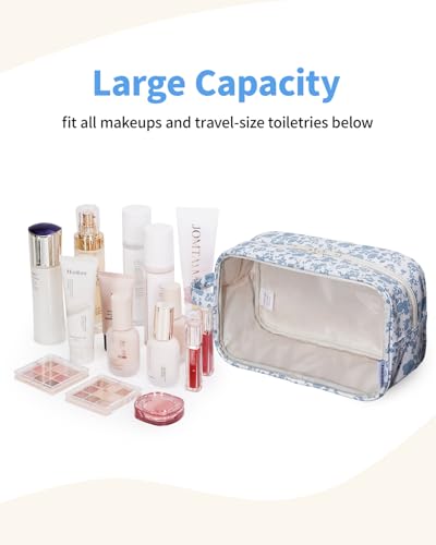 Narwey Clear Toiletry Bags for Traveling Women Men, Clear Travel Bags for Toiletries Makeup Bag Cosmetic Bag with Zipper, Make Up Organizer, Skincare Bag (Blue Flower) - color: X-Blue Flower