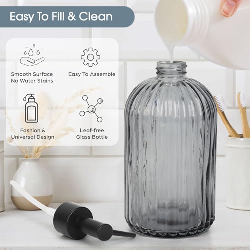 Topsky 2 Pack Glass Soap Dispenser with Black Plastic Pump, 400ml Liquid Hand Soap Dispenser, Rustproof Pump for Kitchen & Bathroom, Great for Lotions, Essential Oil, Liquid Soaps-Clear & Gray - color: Stripe-clear & Gray, size: Plastic Pump