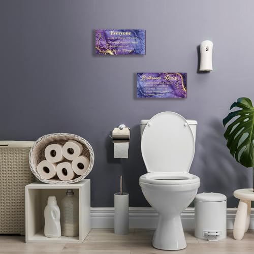 DONFENTHY 2 Pieces Purple Gold Bathroom Decor Bathroom Rules Wall Art Rustic Farmhouse Wooden Sign for Bathroom Toilet (Purple Gold 12x6") - color: Purple