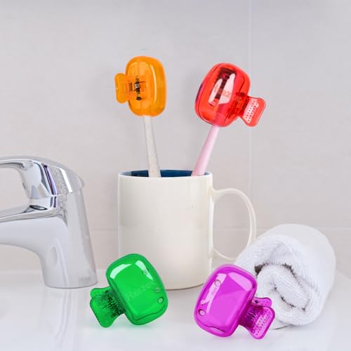 Hxezoc 4 Pack Toothbrush Covers Toothbrush Holders Toothbrush Protector Cap Brush Pod Case Protective Portable Plastic Clip for Household Travel, Bathroom, Camping, School, Business - color: Green, Red, Orange, Purple