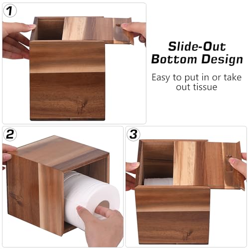Tissue Box Cover Square, Acacia Wood Tissue Box Holder with Slide-Out Bottom, Wooden Tissue Box Cover Cube for Bathroom, Bedroom, Dinner Table, Office,Kitchen