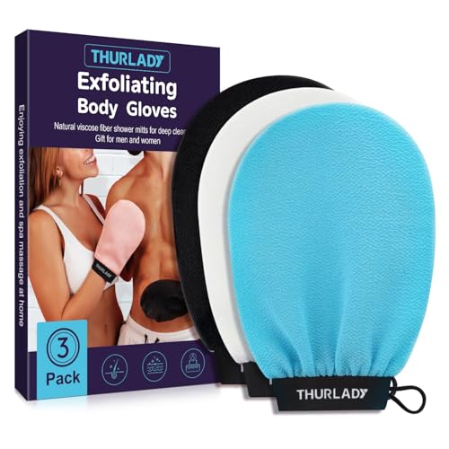 Exfoliating Glove, Korean Exfoliating Mitt, Body Scrub, 3ct | Viscose Fiber Bath Scrubber for Deep Exfoliation, Removes Dead Skin & Preps Skin for Self-Tanning, Leaving Skin Smooth - color: White Black Blue