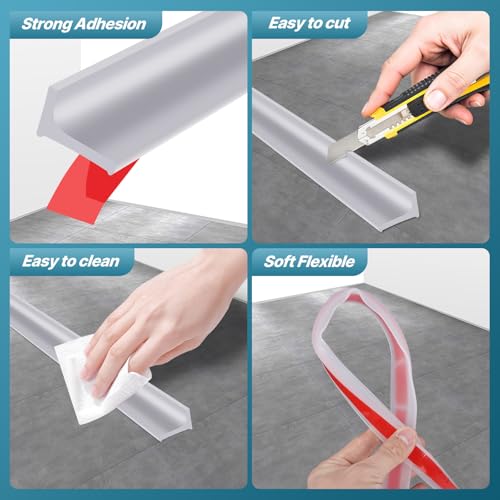 39 Inch Shower Threshold Water Dam, Silicone Door Bottom Seal | Transparent self adhesive collapsible barrier, dry wet separation splash guard, collapsible stopper for bathroom floors