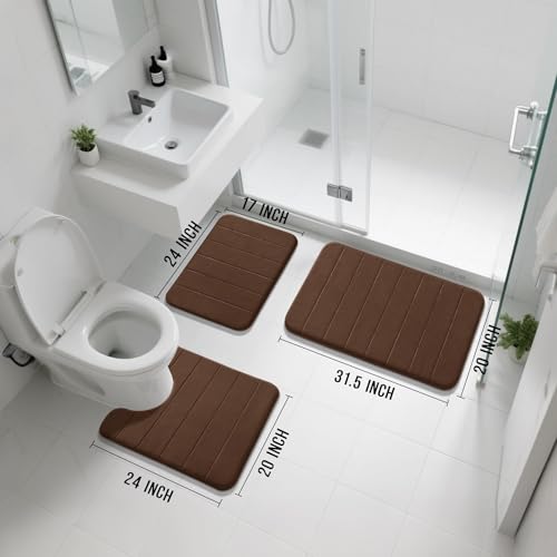 Yimobra Memory Foam Bath Mat Set 3 Pieces- Super Soft Absorbent Quick Dry Bathroom Rug Sets, Machine Washable Non Slip Floor Carpet for Tub Shower, Vanity & Toilet Base, Brown - color: Brown, size: 31.5''x20'' +17''x24'' + 24''x20''