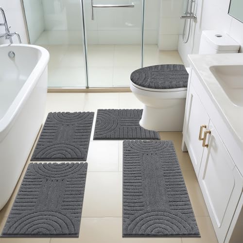 SHACOS Bathroom Rugs Sets 5 Piece Ultra Soft Absorbent Microfiber | Bath Mat with Bath Runner, U Shape Contour Rug, Toilet Lid Cover, Non Slip Machine Washable Carpet for Bedroom, Dark Grey - color: Dark Grey