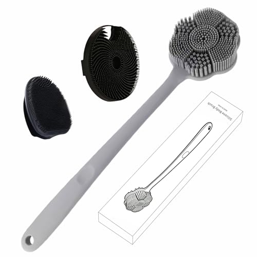 Back Body Scrubber & Face Scrubber for Shower - 15 Inch Long Handle Double Sided Silicone Body Brush for Exfoliation & Massage, Soft Facial Cleansing Brush, Rich Lathering for Deep Cleansing (Gray) - color: Gray