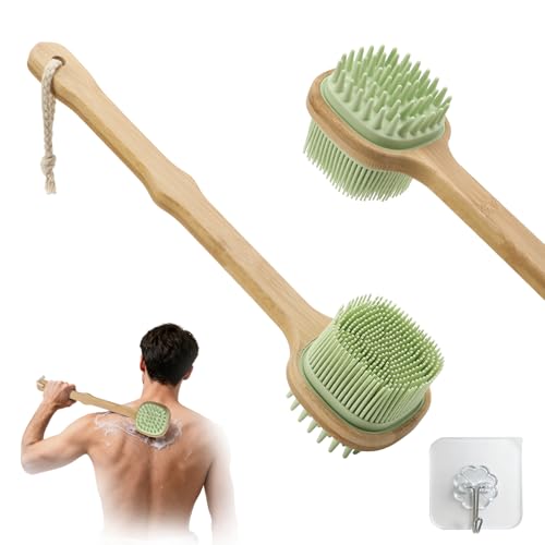 Silicone Back Scrubber for Shower, Silicone Bath Body Brush Loofah with Long Handle, Dual-Sided Shower Brush for Body, Green Exfoliating Body Scrubber for Men Women, Back Washer for Men with Hook - size: green-1pcs