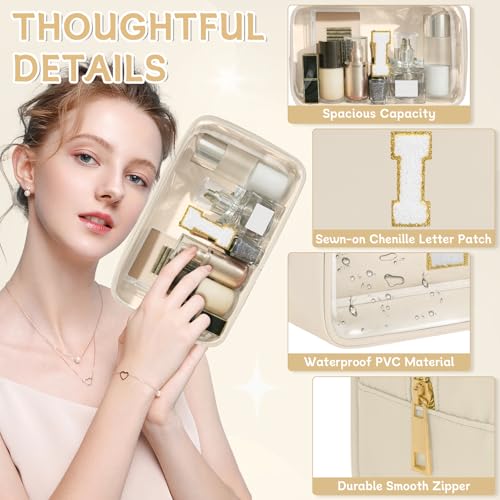Initial Clear Makeup Bag, Birthday Gift Preppy Chenille Patch Cosmetic Bag, Initial Travel Essentials Beach Toiletry Pouch, Ideal Gift for Teachers & Moms, Women and Girls (Beige, I) - color: Beige, style: I