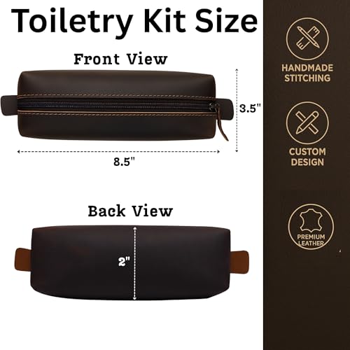 Genuine Leather Toiletry Bag for Men & Women – Travel Bathroom Organizer Kit, Makeup & Cosmetic Pouch, Compact Dopp Kit with Heavy-Duty Zipper, Handmade Dark Brown Travel Case