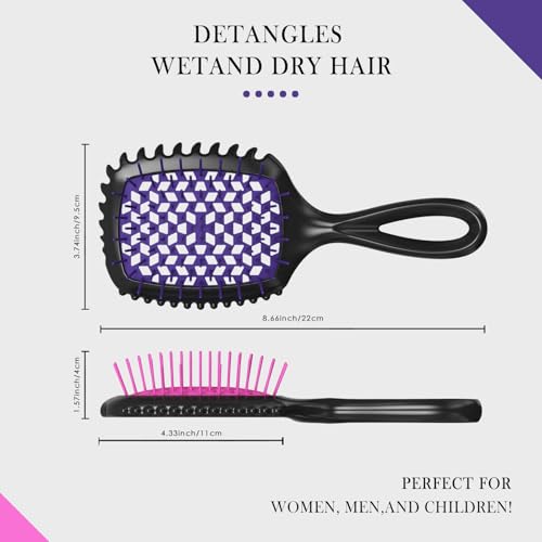 Detangler Brush – 2 Pack Vented Hair Brush for Wet/Dry Hair – Easy, Pain-Free Detangler Brush Reduces Knots & Breakage – For Curly, Straight, Thick or Fine Hair – Women, Men & Kids (Pink+Purple) - color: Pink+Purple