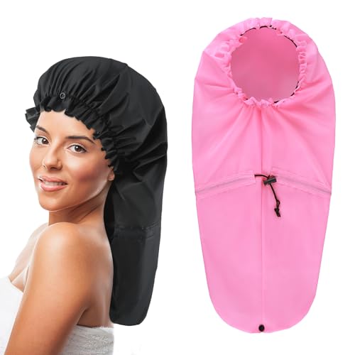 2 Pcs Large Shower Cap for Braids, Extra Long Shower Cap for Women Long Hair & Locs, Waterproof Hair Bonnets for Dreadlocks Drawstring Bath Caps for Women & Men (Black, Pink) - color: Black, Pink