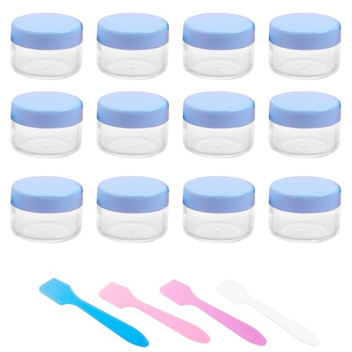 12 Pcs 15ml/0.5oz Small Travel Containers, 4 Pcs Makeup Spatula, Clear Plastic Cosmetic Jar Refillable Roun for Lotion Cream Products Sample Bottles, Plastic with Screw on Lid Container (blue) - color: blue