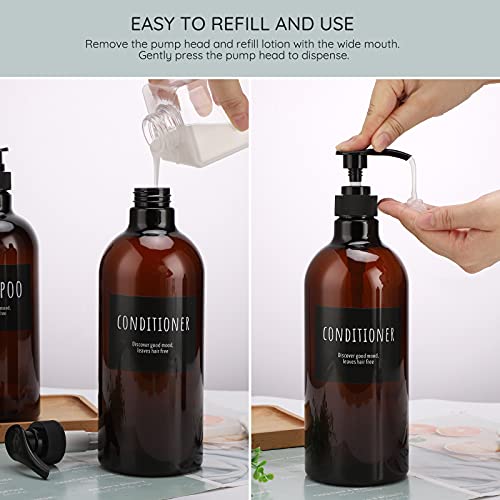 Empty Plastic Bottles with Labels, Segbeauty 33.8oz Large Brown Shampoo Conditioner Reusable Dispenser, 2 Packs of 1000ml Refillable Shower Lotion Pump Press Bottles for Bathroom Hand Soap Body Wash - color: Dark Amber, size: 33.8 oz