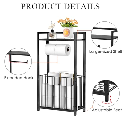 Freestanding Toilet Paper Holder with Storage Shelf - Larger Size Bathroom Tissue Stand with Space for Multiple Rolls, Phone, Wipes, and Magazines – All-in-One Toilet Roll Dispenser and Organizer