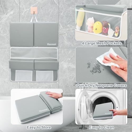 Bath Kneeler and Elbow Rest Pad Set, Thick and Quick Dry Kneeling Pad Support for Knee and Arm, Extra Large Baby Bath Kneeler Pads Bathtub Mat with Toys Organizer for Baby Bath Time, Grey