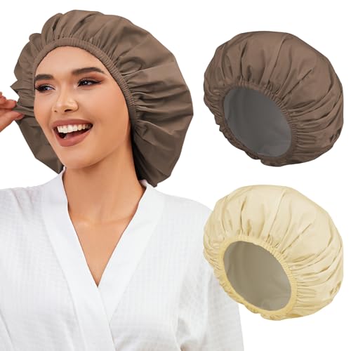 2 Pack Shower Caps for Women, Reusable Waterproof Shower Cap with Elastic Band, Thickened Waterproof Fabric Shower Bonnet for Braids, Long Hair - color: Mocha Taupe/Warm Beige