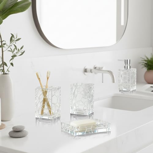 Bathroom Accessories Set 4 PCS Acrylic Countertop Set with Soap Dispenser,Toothbrush Holder,Tumbler,Soap Dish,Boho Modern Bathroom Decor,Gift for Women & Men (White)