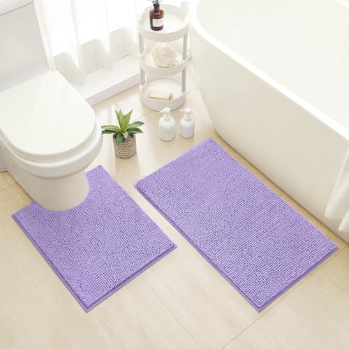 HOMEIDEAS Bathroom Rugs Set 2 Pieces, Ultra Soft Non Slip Absorbent Chenille Toilet Bath Mat Set (Lavender) - color: Purple-lavender, size: 1'8" x 2'8" (U Shape 20"x24"+20"x32")