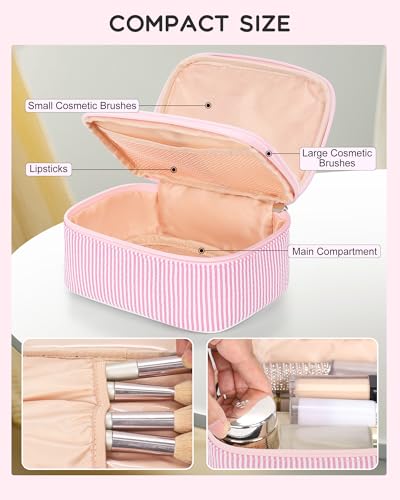 Relavel Travel Makeup Bag, Small Pink Cosmetic Bag with 2 Makeup Brush Holders, Portable Compact Makeup Pouch for Women, Cute Toiletry Bag with Double Layer Organizer, Pink Strip - color: 01-Pink Strip, size: SMALL