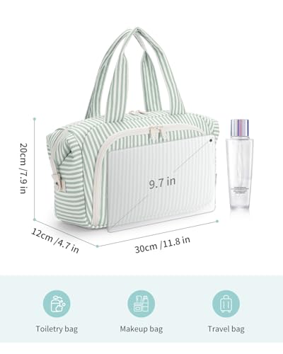 Narwey Travel Toiletry Bag for Women, Wide Open Large Makeup Bag, Cosmetic Bag Make Up Organizer with Handle, Wet Pocket for Towel, Travel Bag for Toiletries, Brushes, Essentials (Mint Green Stripe) - color: Y-Mint Green Stripe