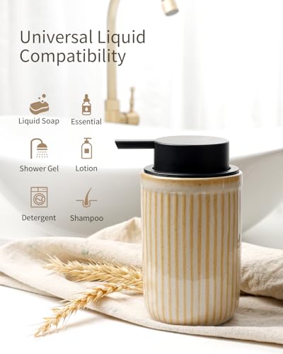 BosilunLife Foam Hand Soap Dispenser - Ceramic Foaming Soap Dispenser for Bathroom 12oz Refillable Liquid Lotion Soap Dispenser with Rust-Proof Foaming Pump for Countertop, Greige - color: Greige Foam Pump
