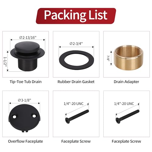 PRIMSOPH Tip-Toe Tub Drain Trim Kit with Two Hole Overflow Faceplate Conversion Kit Assembly Universal Fine Coarse Thread Replacement Matte Black - color: Matte Black, style: Two Hole