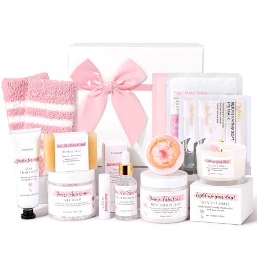 Spa Gifts for Women 13Pcs Mothers Day Gifts Happy Birthday Gift Baskets Christmas Relaxation Home SPA Kit Rose Bath Set Self Care Package Thank You Box for Mom Her Sister Teacher Friends Pink - color: Pink