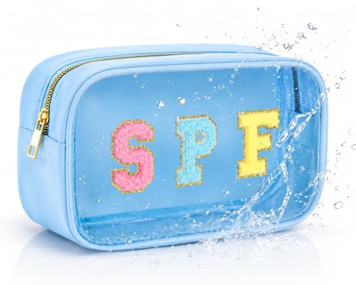 SPF Cosmetic Bag - Women’s Clear Beach Makeup Organizer with Chenille Letters, PVC Waterproof Toiletry Pouch for Sunscreen, Pool, Travel & Swimming - style: Blue-spf