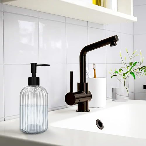 Pack of 2 Glass Soap Dispenser with Black Pump, 400 ml Refillable Pump Dispenser for Kitchen, Bathroom, Laundry Room, Liquid Glass Bottle for Washing Up Liquid, Shampoo, Conditioner (Clear) - color: White