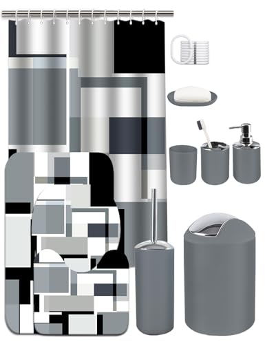 Lnond Grey Black Bathroom Set, 22-Piece Grey Black Geometry Bathroom Decor Set with with Shower Curtain and Rugs, Trash Can, Toilet Brush Holder Set & Soap Dispenser - style: Grey Geometric