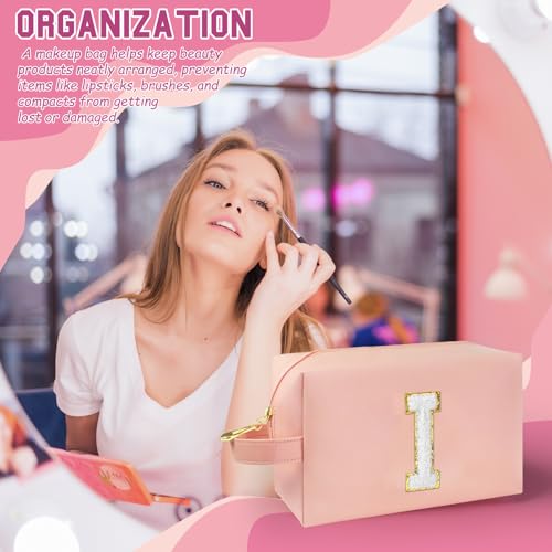Personalized Initial Makeup Bag with Handle, Preppy Cosmetic Bag with Inner Zipper Pocket, 8 9 10 11 12 13 14 Years Old Girl, Graduation Gifts for Teen Girls Women Teachers (I, Pink) - color: Pink, style: I