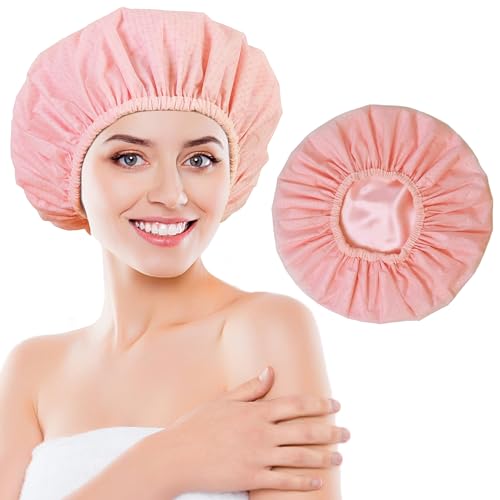 Shower Cap for Women, Shower Caps Reusable Waterproof, Large Plastic Satin Lined Shower Cap for Braids Long Hair - color: Pink grid