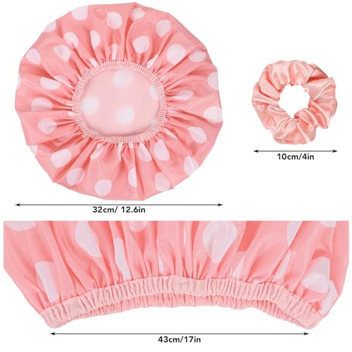 WSICSE 2 Packs Large Shower Caps for Women, Waterproof Shower Cap Double Layers Bath Caps with Hair Scrunchies for Long Thick Hair - color: pink, black